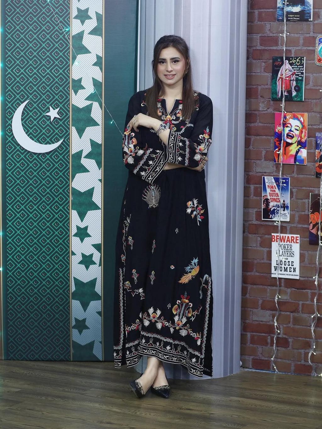 Multi Black embroidered cotton 2-piece shirt and trouser set