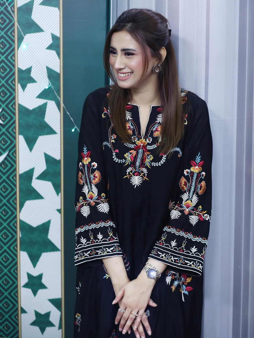 Multi Black embroidered cotton 2-piece shirt and trouser set with elegant design